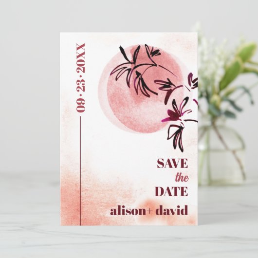 Waterverf tak en maan Japandi foto Save The Date (Staand voorkant)