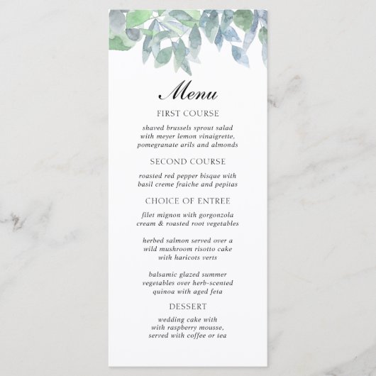 Waterverf takken bladeren Bruiloft Menu Kaart (Voorkant)