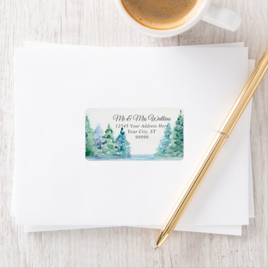 Waterverf Tall Mountain Pines op Lake Address Etiket (Insitu)