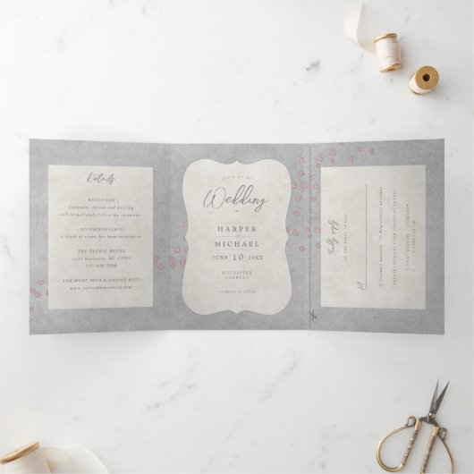 waterverf tandem bike met harten bruiloft drieluik uitnodiging (Binnen)