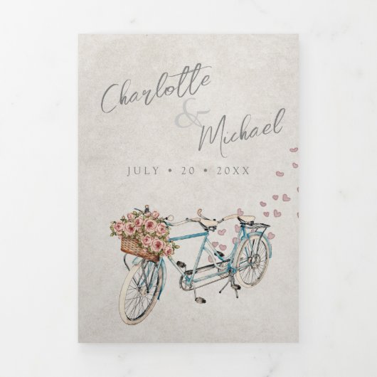 waterverf tandem bike met harten bruiloft drieluik uitnodiging (Cover)