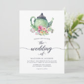 Waterverf Tapot en Floral Wedding Kaart (Staand voorkant)