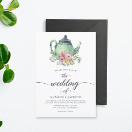 Waterverf Tapot en Floral Wedding Kaart