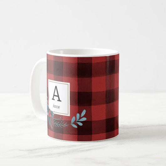 Waterverf Tartan Kerstmis Groen Monogram Koffiemok (Voorkant links)