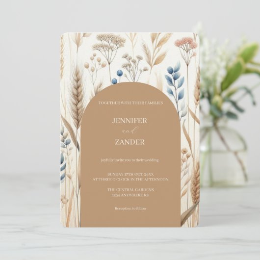 Waterverf Tarwe Elegante Rustieke Fall Wedding Kaart (Staand voorkant)