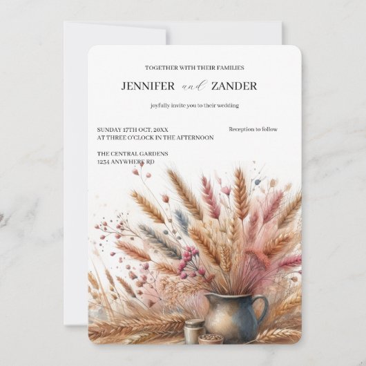 Waterverf Tarwe Elegante Rustieke Fall Wedding Kaart (Voorkant)