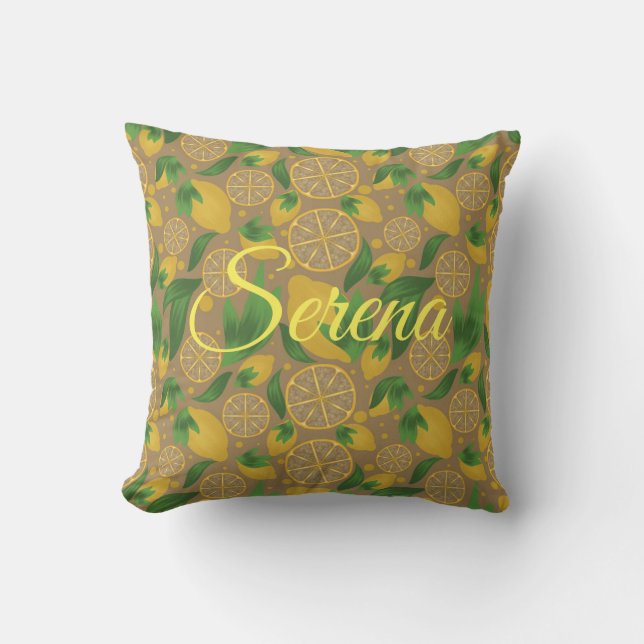 Waterverf Taupe Lemon Fruit Personalized Throw Pi Kussen (Voorkant)