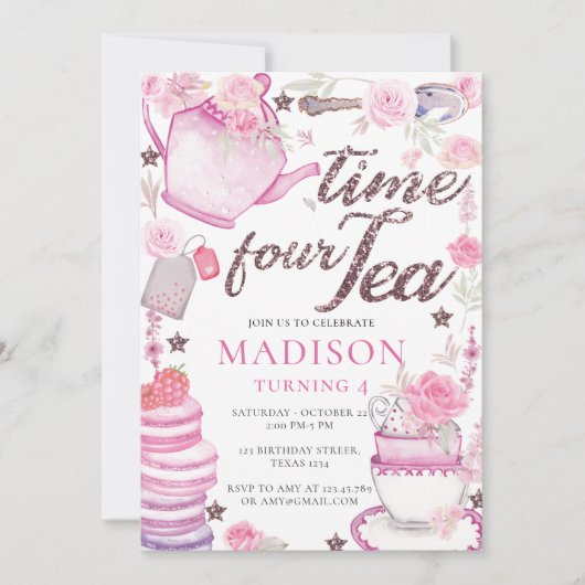 Waterverf Tea Party 4th Birthday Glitter Kaart (Voorkant)