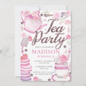 Waterverf Tea Party Birthday Glitter Uitnodiging (Voorkant)