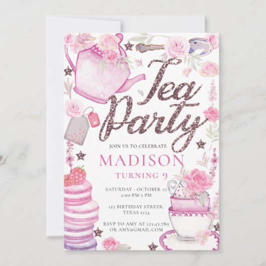 Waterverf Tea Party Birthday Glitter Uitnodiging (Voorkant)