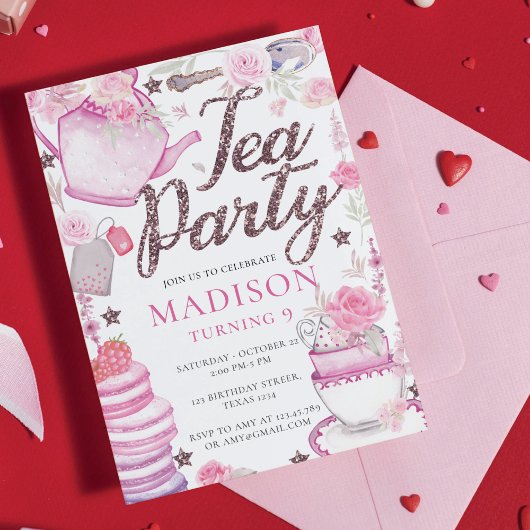 Waterverf Tea Party Birthday Glitter Uitnodiging