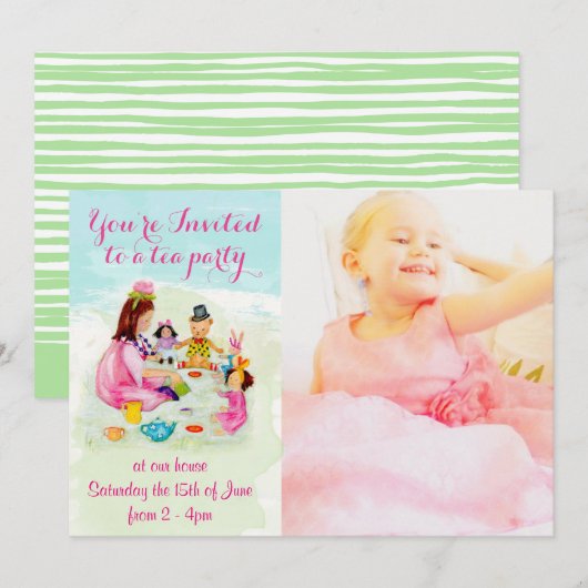 Waterverf Tea Party Birthday Invite Kaart (Voorkant / Achterkant)