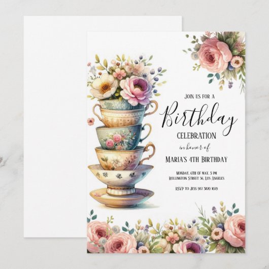 Waterverf Tea Party Schattigee Kids Verjaardagsuit Kaart (Voorkant / Achterkant)