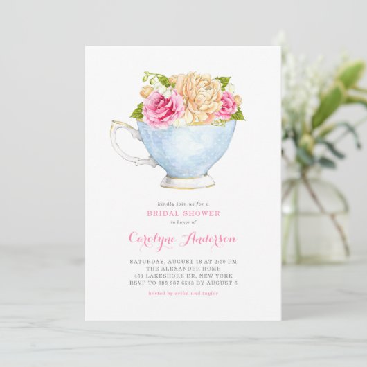 Waterverf Teacup Bouquet Flowers Vrijgezellenfeest Kaart (Staand voorkant)