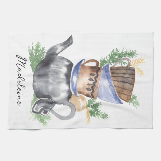 Waterverf Teacups & Theepot Script Naam Theedoek (Horizontaal)