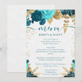 Waterverf Teal en Gouden Bloemen Bruiloft Menu (Voorkant / Achterkant)