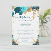 Waterverf Teal en Gouden Bloemen Bruiloft Menu (Staand voorkant)