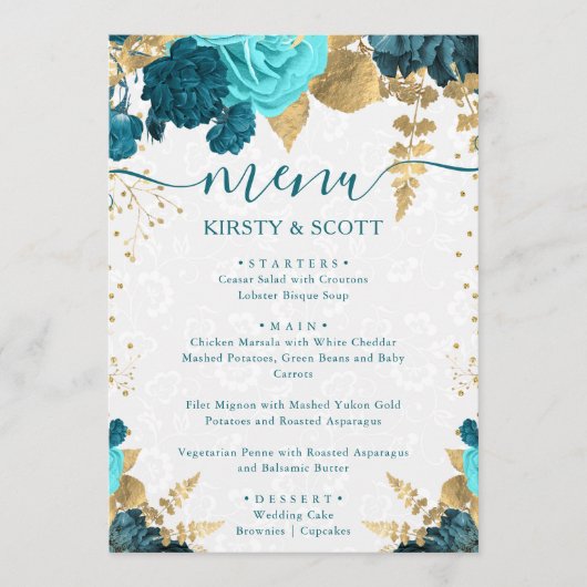 Waterverf Teal en Gouden Bloemen Bruiloft Menu (Voorkant)