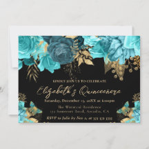 Waterverf Teal en Gouden Bloemen Quinceanera