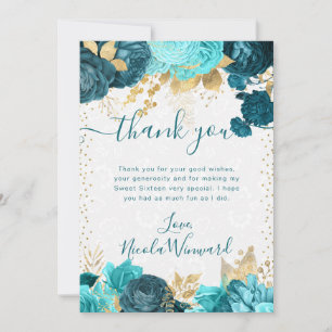 Waterverf Teal en Gouden Bloemen Sweet 16 Bedankkaart