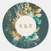 Waterverf Teal en Gouden Bloemige Monogram Bruilof Ronde Sticker (Voorkant)