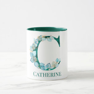 Waterverf Teal en Gouden Initiaal Letter C Mok