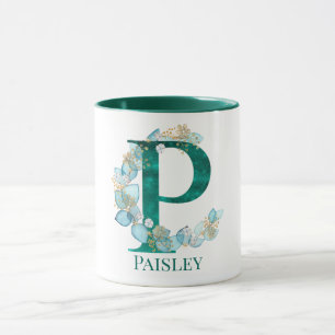 Waterverf Teal en Gouden Initiaal Letter P Mok
