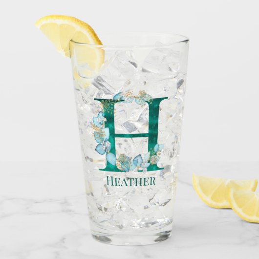Waterverf Teal en Gouden Monogram Letter H Glas (Voorkant ijs)