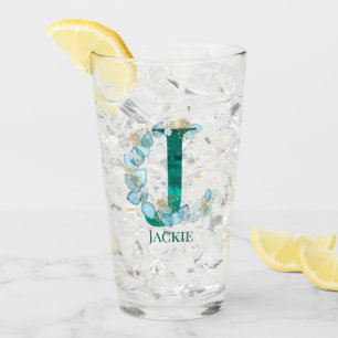 Waterverf Teal en Gouden Monogram Letter J Glas