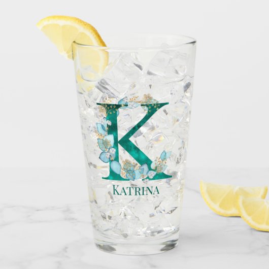 Waterverf Teal en Gouden Monogram Letter K Glas (Voorkant ijs)
