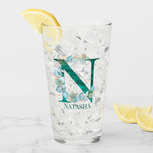 Waterverf Teal en Gouden Monogram Letter N Glas (Voorkant ijs)