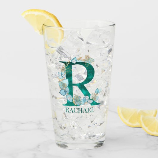 Waterverf Teal en Gouden Monogram Letter R Glas (Voorkant ijs)