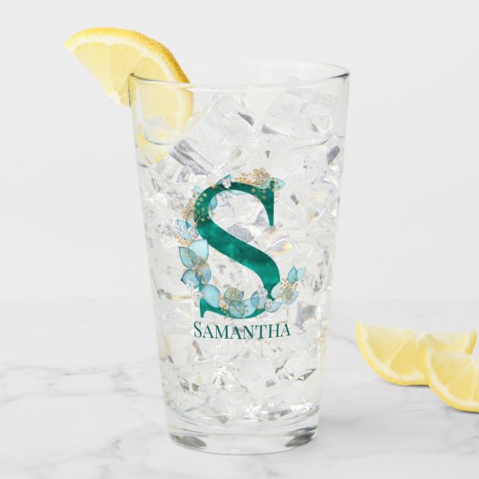 Waterverf Teal en Gouden Monogram Letter S Glas (Voorkant ijs)