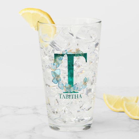 Waterverf Teal en Gouden Monogram Letter T Glas (Voorkant ijs)