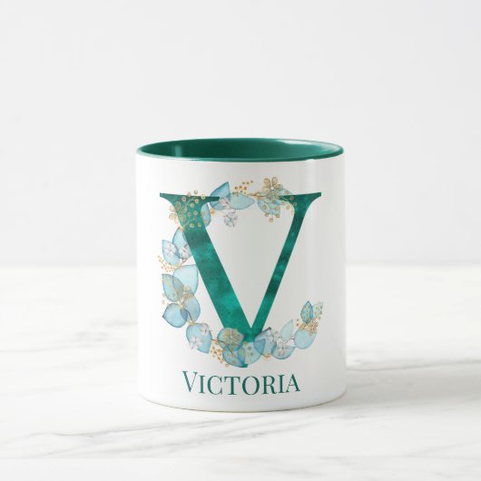 Waterverf Teal en Gouden Monogram Letter V Mok (Midden)