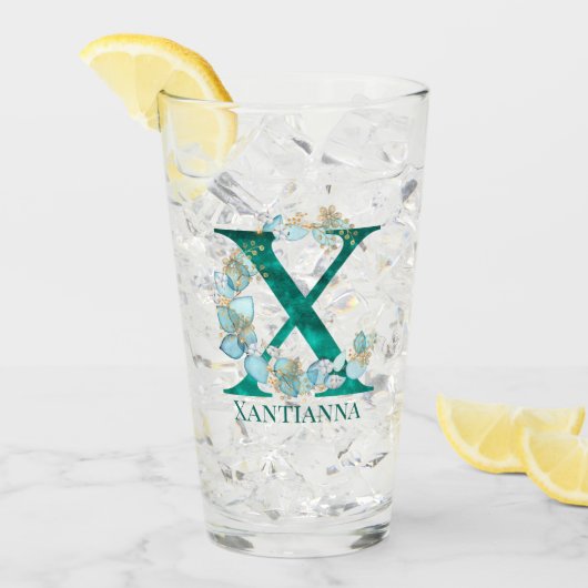 Waterverf Teal en Gouden Monogram Letter X Glas (Voorkant ijs)