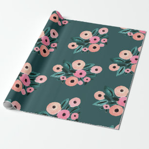 Waterverf Teal en Roze Bloem Cadeaupapier