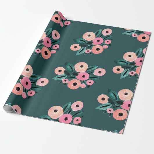 Waterverf Teal en Roze Bloem Cadeaupapier (Uitgerold)