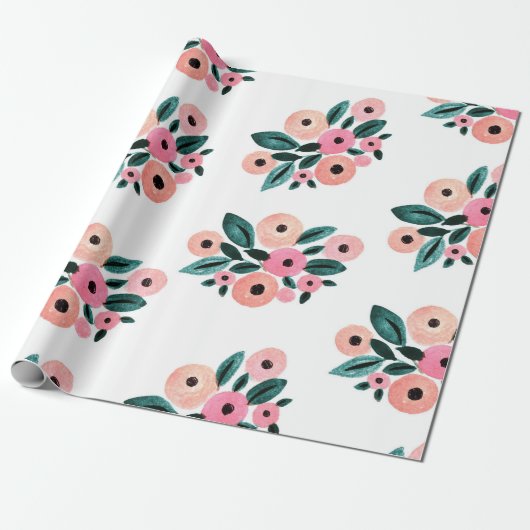 Waterverf Teal en Roze Bloem Cadeaupapier (Uitgerold)