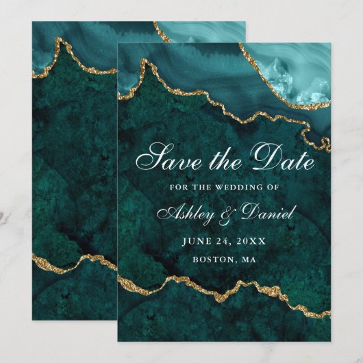 Waterverf Teal Goud Marmer Agaat Geode Save The Date (Voorkant / Achterkant)