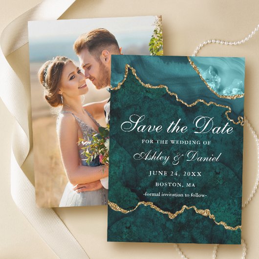 Waterverf Teal Goud Marmer Agate Geode Foto Save The Date