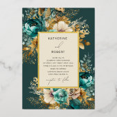 Waterverf Teal Gouden Bloemige Bruiloft Folie Uitnodiging (Voorkant)