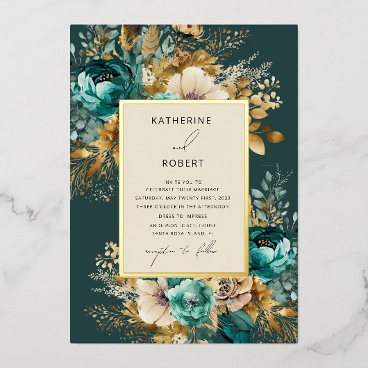Waterverf Teal Gouden Bloemige Bruiloft Folie Uitnodiging (Voorkant)