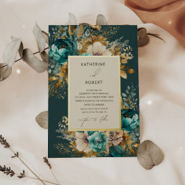 Waterverf Teal Gouden Bloemige Bruiloft Folie Uitnodiging