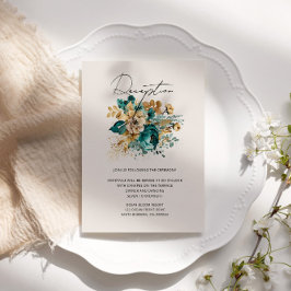 Waterverf Teal Gouden Bloemige Ontvangst Informatiekaartje