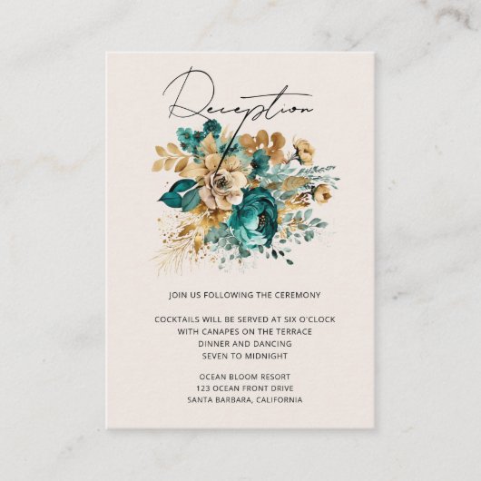 Waterverf Teal Gouden Bloemige Ontvangst Informatiekaartje (Voorkant)