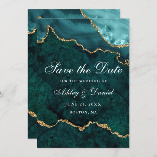 Waterverf Teal Gouden Marmer Agaat Geode Save The Date (Voorkant / Achterkant)