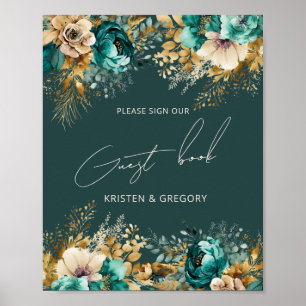 Waterverf Teal Gouden Trouw Gastboek Poster
