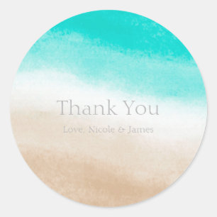 Waterverf Teal & Tan Subtiele Strand Bruiloft Ronde Sticker