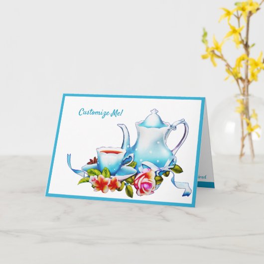  Waterverf Teapot & Cup Tea Party nodigt uit Kaart (Gele Bloem)